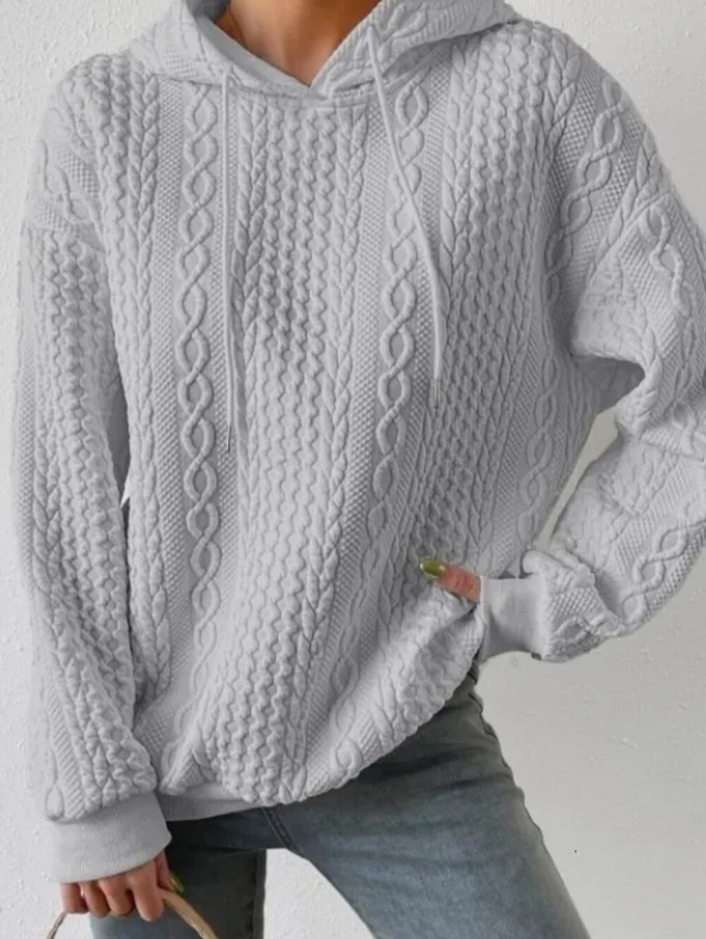 Light Mint Cable-Knit Hoodie Sweater with Pockets
